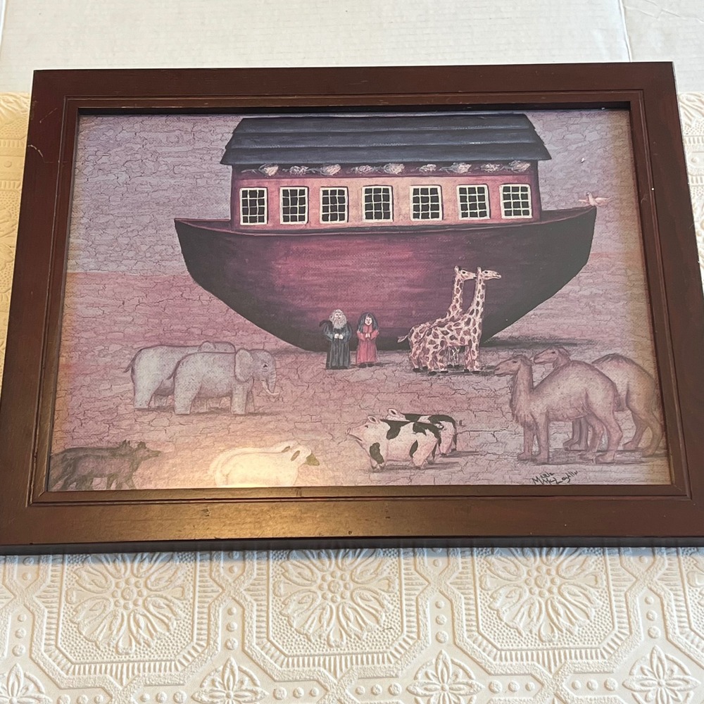 Marie McLaughlin Noahs Ark Folk Art Framed Print Vintage 1990 Animal Decor 18x14